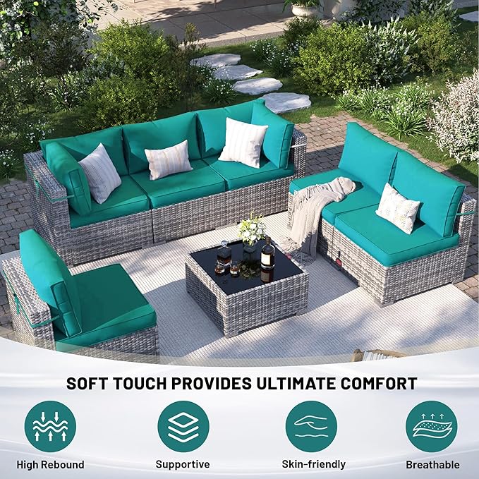 14 Piece Outdoor Sectional Cushions, Water-Resistant Outdoor Sofa Cushions Replacement, 4" High Density Foam Patio Furniture Cushions Fits 6-seat Rattan Conversation Set (Lake Blue)