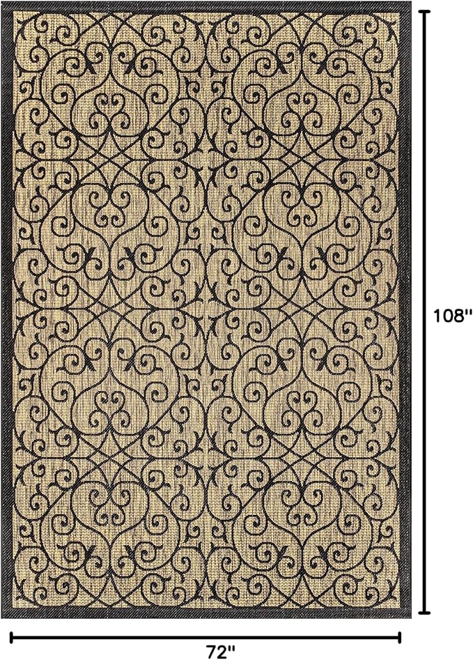 JONATHAN Y Vintage Filigree Indoor Outdoor Area Rug 6X9 Black/Khaki, Madrid Textured Weave for Backyard, Patio, Porch, Easy-Cleaning, High Traffic, Pet-Friendly, Non-Shedding (SMB107A-6)