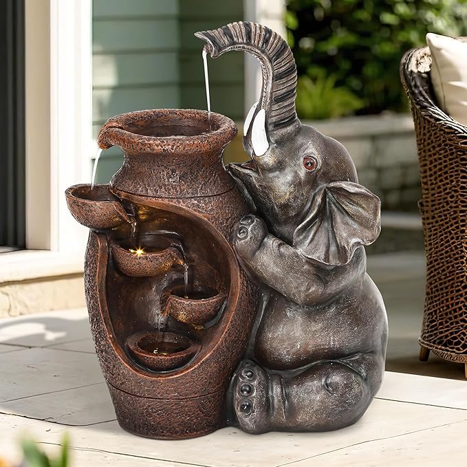 19" H Elephant Outdoor Water Fountain with LED Lights and Pump, Resin Garden Waterfall Feature for Patio, Porch, Yard
