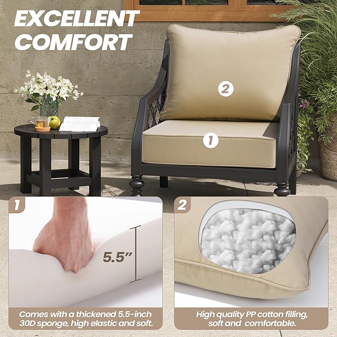 Crestlive Sunbrella 5.5" Outdoor Cushion for Patio Furniture, 24 x 24, Waterproof and Fade-Resistant Deep Seat Cushions for Chair, Wicker Sofa and Couch, Antique Beige