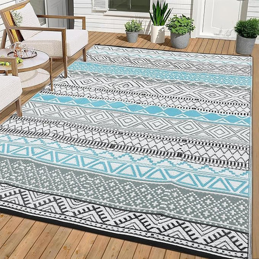 GarveeLife Outdoor Patio Rug 9x18 Waterproof Plastic Straw Rug, Reversible UV Resistant Foldable Camping Carpet Portable Outdoor Rug for Rv, Backyard, Blue & Grey