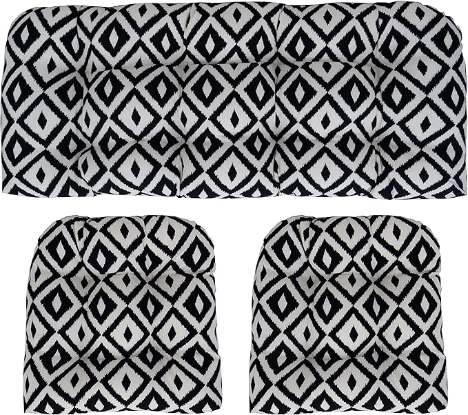 RSH DECOR: 3-Piece Wicker Tufted Cushion Set | for Large Wicker Sets | Outdoor Loveseat & U-Shaped Seat Cushions | Water & Fade-Resistant Spun Fabric | Black & White Aztec