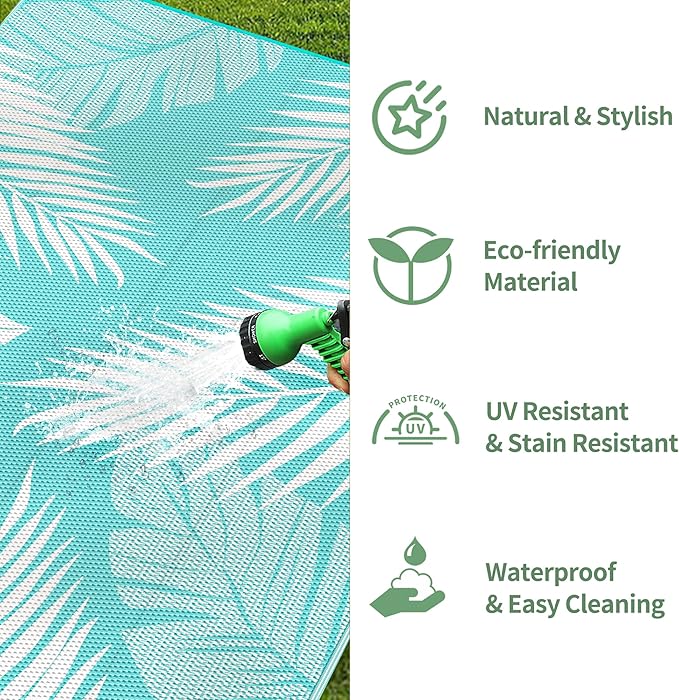 GENIMO Outdoor Rug 5' x 8' Waterproof for Patios Clearance, Reversible Outdoor Plastic Straw Camping Rug Carpet, Large Area Rugs Mats for RV, Picnic, Backyard, Deck, Balcony, Porch, Aqua Blue&White