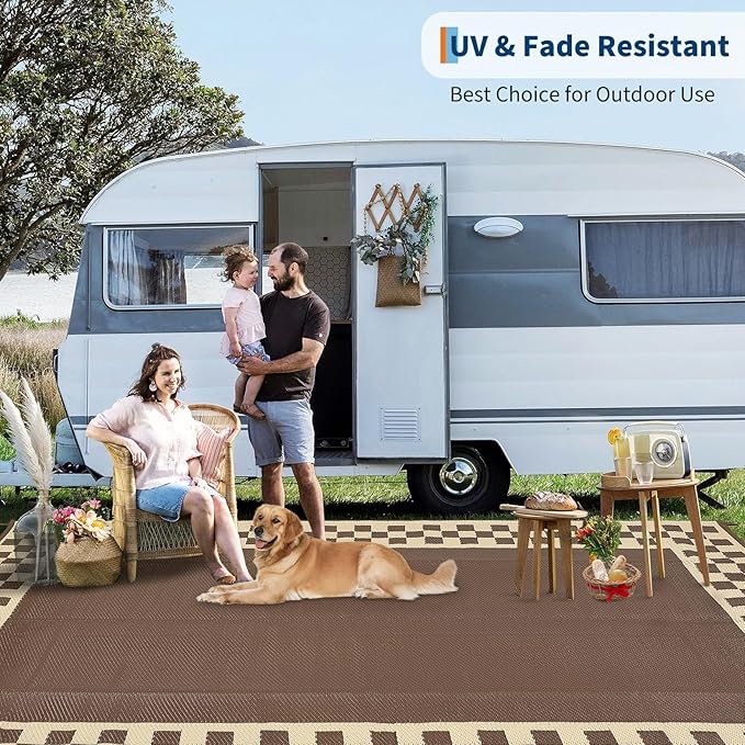 Garvee Outdoor Rug 10x14 Waterproof Fade-Proof Reversible Patio Rug Modern Neutral Outdoor Carpet, Plastic Straw Weather Resistant Large Camping Carpet for Garden Backyard Balcony,Brown & Beige