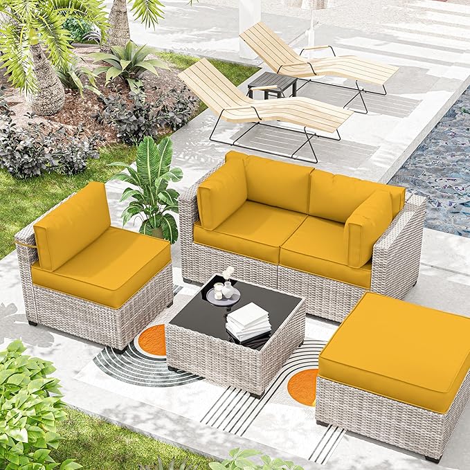 Outdoor Cushions for Patio Furniture with 5 Pillows, Waterproof Patio Furniture Cushions Replacement, 4" Deep Seat Outdoor Sectional Cushions for 4-seat Patio Furniture Chair Sofa Couch,Yellow