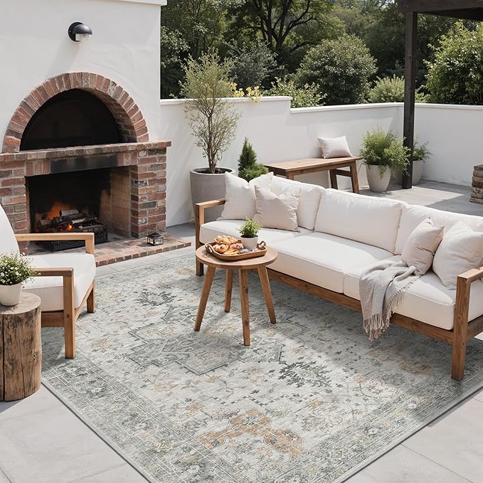 GENIMO Outdoor & Indoor Area Rug 6'x9', Waterproof, Non-Shedding, Easy Cleaning, Boho Mat for Patio, Living Room, Balcony, Dining Room, RV, Deck, Bedroom, Camping, Outside Carpet,Light Grey Brown
