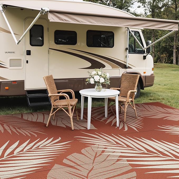 GENIMO Outdoor Rug 10' x 14' Waterproof for Patios Clearance, Reversible Plastic Straw Camping Carpet, Large Area Rugs Mats for RV, Picnic, Backyard, Deck, Balcony, Porch, Beach, Brick&Red