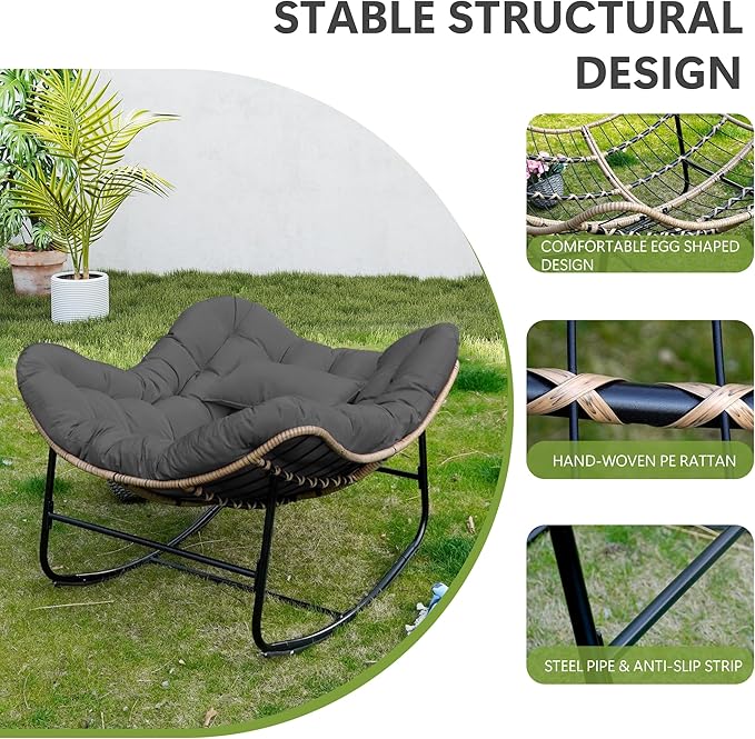 Patio Rocking Chair, Oversized Papasan Rocking Chair with Cushion and Frame for Indoor& Outdoor, Deep Seat Egg-Shaped Rocker Chair for Garden, Deck, Living Room, Grey