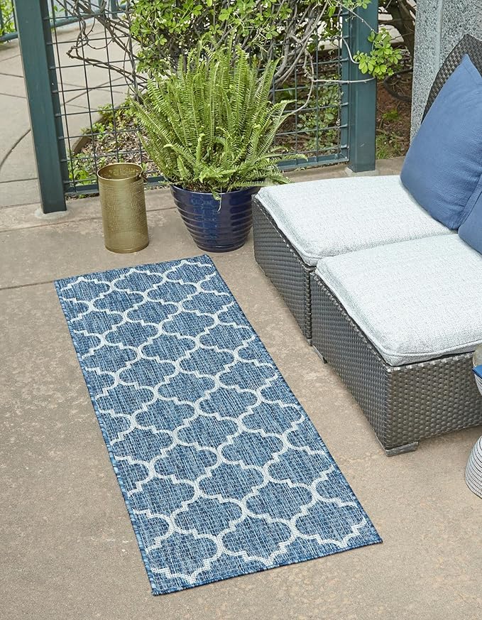 Unique Loom Outdoor Trellis Collection Area Rug (2' x 6' 1" Runner, Navy Blue/ Ivory)