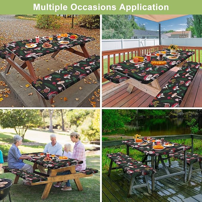 Picnic Table Cover with Bench Covers 6FT 3 Pcs Waterproof Windproof Aesthetic Camping Tablecloth with Drawstring Bag, Fitted for 6 Foot Rectangle Tables and Seats, 72 inch, Black Green Red