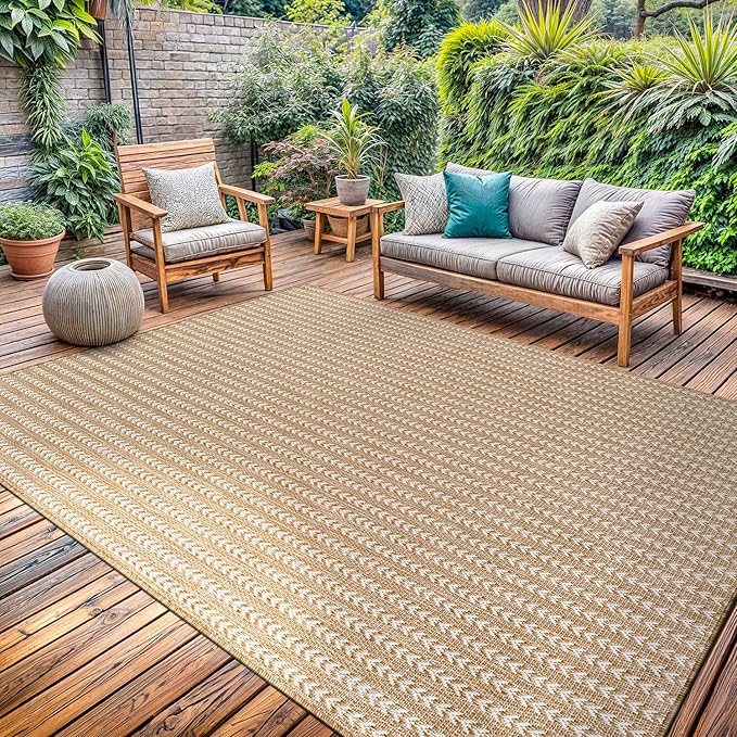 Washable Outdoor Rug 6x9 Modern Area Rugs Outdoor Carpets Striped Pattern Non Shedding Waterproof Easy Clean Patio Deck Porch Living Room Bedroom Garden RV (6 X 9 Natural)