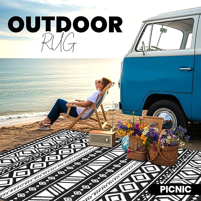 Utopia Home Waterproof Outdoor Rug for Patio 9 x 12 ft, Reversible Plastic Straw Mat for Camping, Picnics, Balcony, Patio, Aztec - Black & White