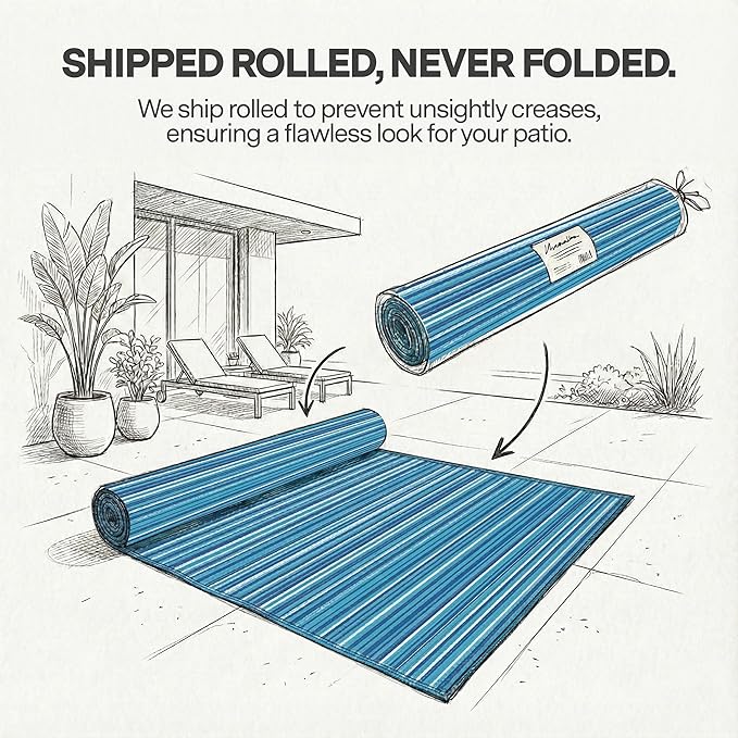 FH Home Outdoor Rug - Waterproof, Fade Resistant, Reversible - Premium Recycled Plastic - Striped - Large Patio, Deck, Sunroom, Camping, RV - Havana - Turquoise Crease Free - 6 x 9 ft