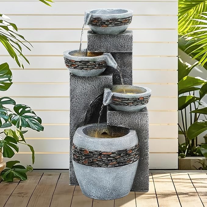 4-Tier 19.5" Indoor/Outdoor Fountain with LED Lights, Resin Pebble Tabletop Design,Soothing Cascading Waterfall for Garden/Patio/Deck/Home Decor