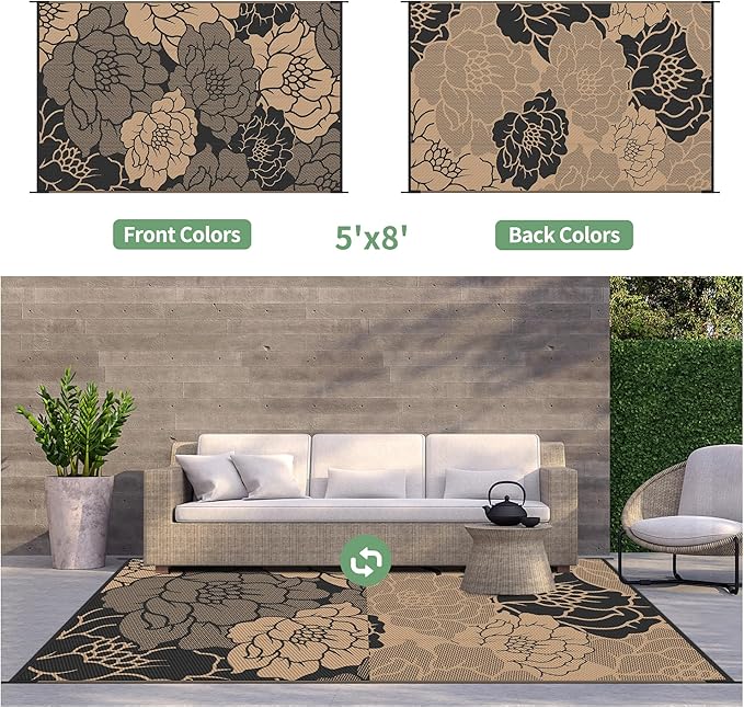 GENIMO Outdoor Rug Waterproof for Patio Decor, 5' x 8' Reversible Plastic Straw Floral Camping Carpet, Large Area Rugs Mats for RV, Camper, Deck, Balcony, Porch, Beach, Picnic, Mix-Black & Brown