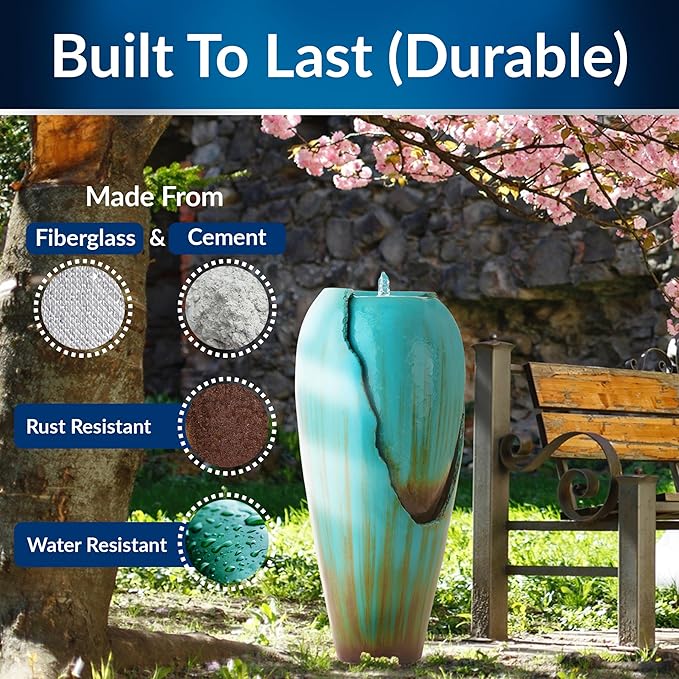 Alpine Corporation 33" Tall Outdoor Antique Jar Water Fountain, Vintage Cascading Design with LED Lights, Garden, Patio & Yard Decor, Turquoise