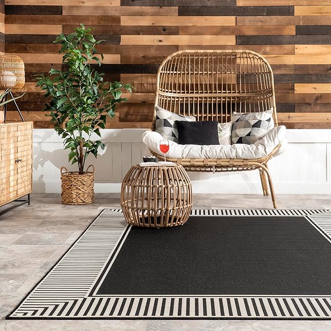 Nuloom Asha Black/Ivory, 5' x 8', Casual, Striped Border, Soft and Cozy, High Traffic, Stain Resistant, Easy Clean, Durable Area Rug for Indoor/Outdoor Patio, Deck, Porch, Garden, Courtyard