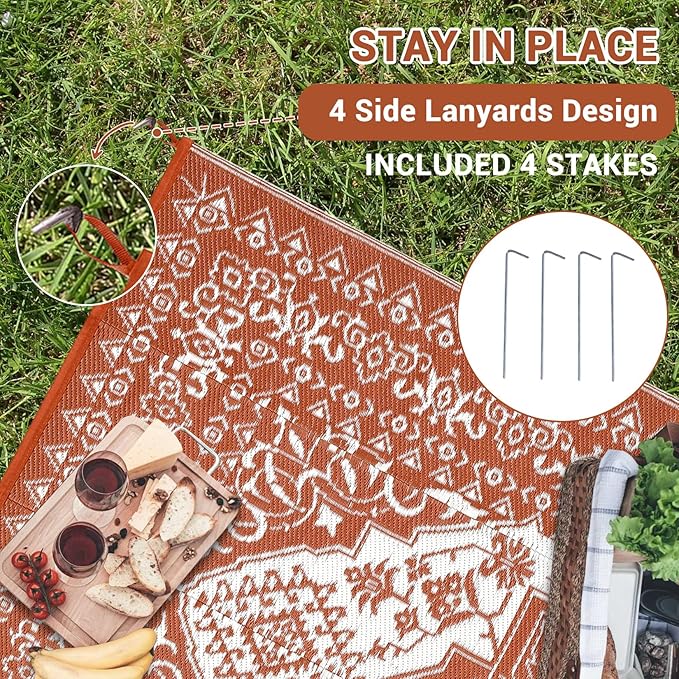 COZYLOOM Outdoor Patio Rug 8x10 Waterproof Reversible Plastic Straw Mat, Large Vintage Medallion Boho Area Rug Indoor Outdoor Rugs for Deck, Balcony, Pool, Camping, Beach, Picnic, Porch, RV