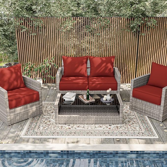 Outdoor Patio Chair Cushions Set 22 L X 24 W X 4 H Waterproof & Fade Resistant Deep Seat and Back Cushions with Removable Covers Outdoor Seat Cushion Set for Chairs and Sofas