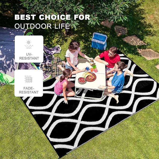 wikiwiki 6x9ft Outdoor Rug, Reversible Plastic Patio Rug Waterproof, Indoor Outdoor Carpet Clearance, Large Area Carpet for Patio Deck Balcony Pool RV Camping Beach Picnic, Black & White