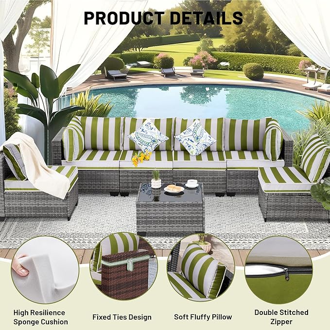 14 Piece Outdoor Sectional Cushions, Water-Resistant Outdoor Sofa Cushions Replacement, 4" High Density Foam Patio Furniture Cushions Fits 6-seat Rattan Conversation Set (Grass Green White Stripes)