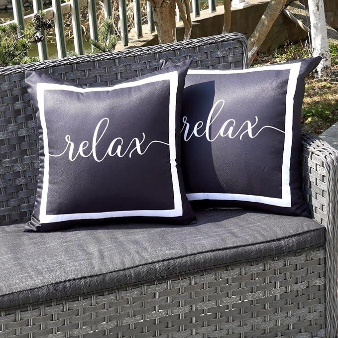 ONWAY Outdoor Waterproof Throw Pillow Covers 20x20 Set of 2 Black and White Relax Decorative Pillowcase for Patio Furniture