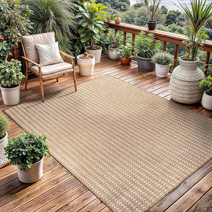 Washable Outdoor Rug 6x9 Modern Area Rugs Outdoor Carpets Striped Pattern Non Shedding Waterproof Easy Clean Patio Deck Porch Living Room Bedroom Garden RV (6 X 9 Natural)