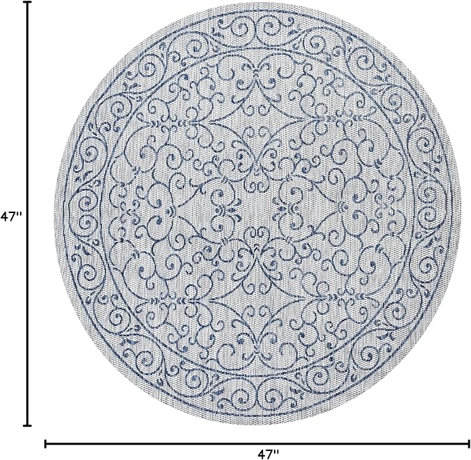 JONATHAN Y Vintage Filigree Indoor Outdoor Round Area Rug 4 Ft Gray/Navy, Charleston Textured Weave for Backyard, Patio, Porch, Easy-Cleaning, High Traffic, Pet-Friendly, Non-Shedding (SMB106C-4R)