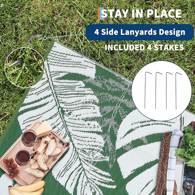 COZYLOOM Outdoor Rug 8x10 Patio Waterproof Plastic Straw Rug Reversible UV Resistant Camping Mat, Foldable Lightweight RV Picnic Mat with Portable Bag, Modern Outdoor Carpet for Yard, Green