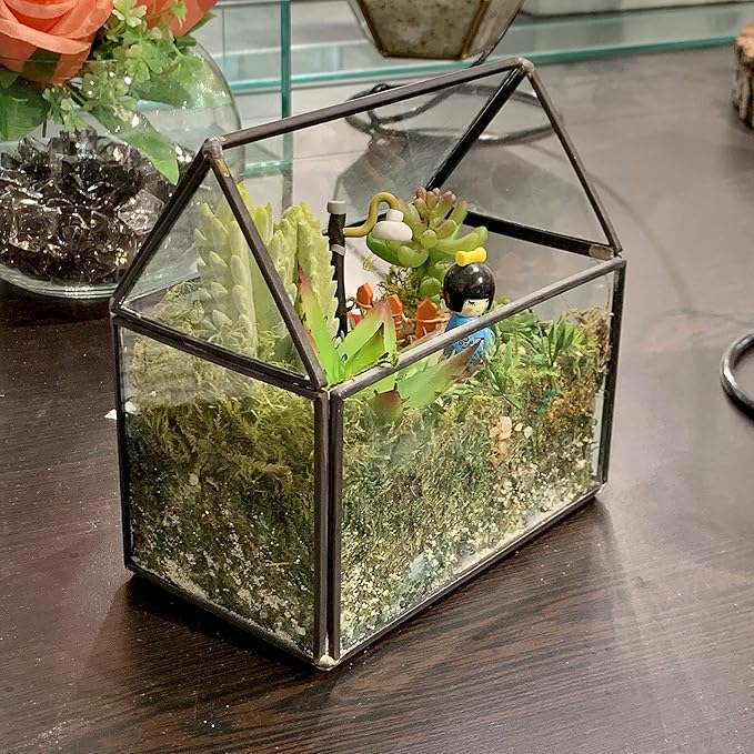 WGV Geometric Planter Terrarium, Width 6" x 3.5" Height 6" Clear Glass Black Frame DIY Succulent air Plant Miniature Fairy Garden Windowsill Tabletop Decor, House 1 Piece