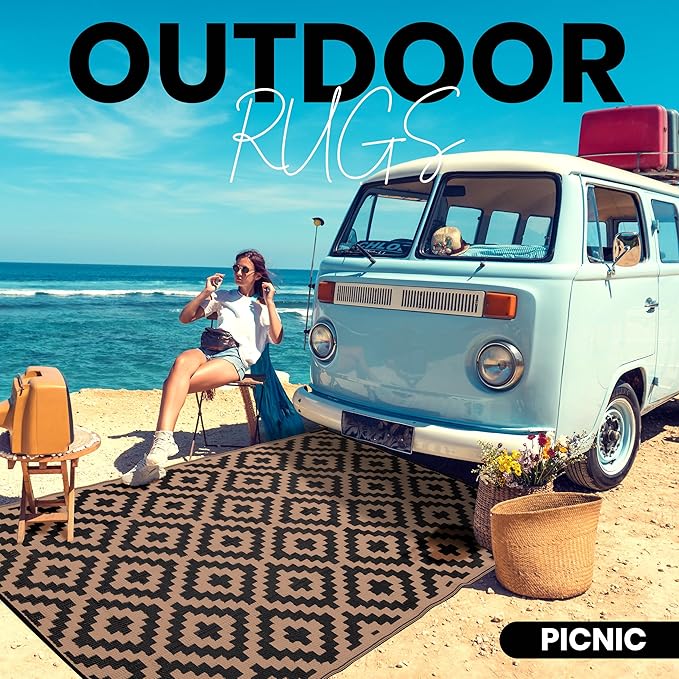 Utopia Home Waterproof Outdoor Rug for Patio 9x12 ft, Reversible Outdoor Plastic Straw Rug for Camping, Outdoor Balcony Rug, Camper Rug, Deck Rug, Outdoor RV Rugs for Under Awning - Black & Brown