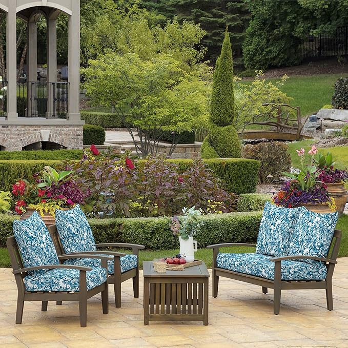 Arden Outdoor Deep Seat Cushion Set, 22 in x 24 in, Weather-Proof, Rain-Proof, Fade Resistant Patio Cushion Aqua Blue Fusion Floral