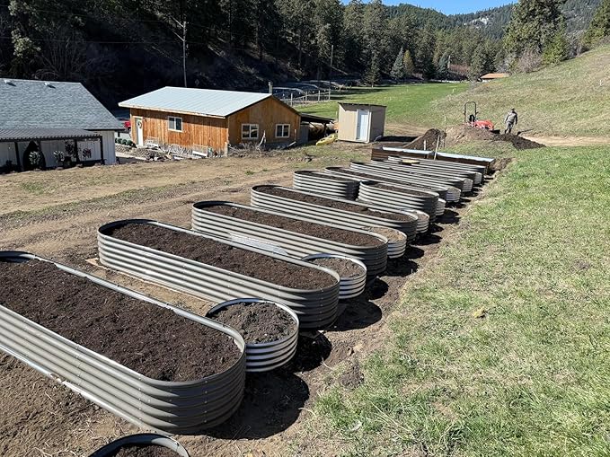 A ANLEOLIFE 6-Piece 18 Inch Tall Quartz Grey Raised Garden Beds Kit, Heart-Shaped & Long Oval Planters for Creative Garden Layouts.