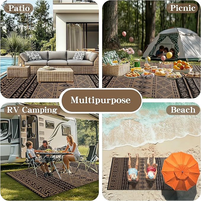 Wallona Outdoor Rugs 8x10 ft Patio Waterproof Clearance Indoor Outdoor Large Carpet for Patio Plastic Straw Reversible Area Rugs Mat for RV, Camping, Balcony, Beach, Picnic, Porch, Boho Black & Brown