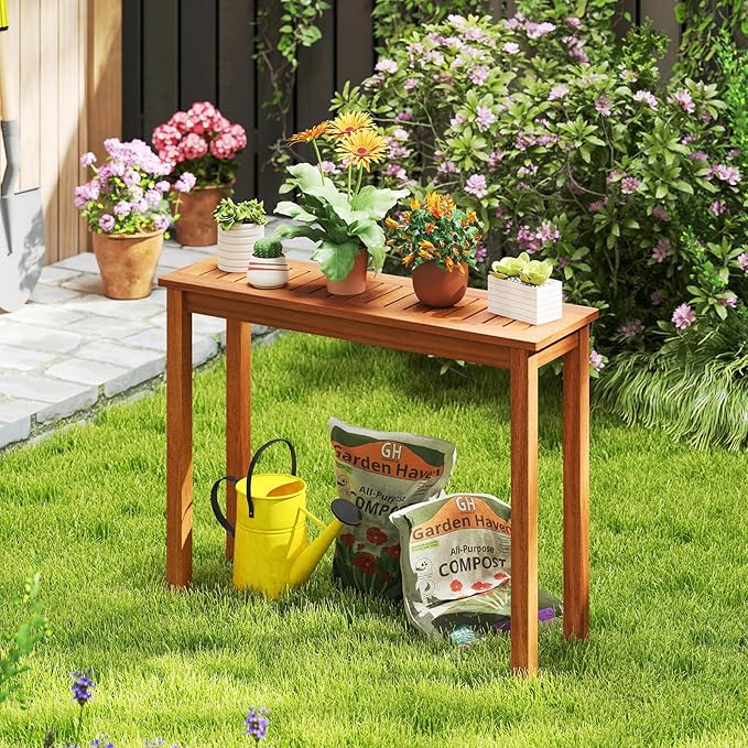 Byroce Outdoor Plant Stand, Indoor Solid Wood Plant Shelf with Slatted Top & Waterproof Finish, Potted Flower Holder Bench, Multi-use Planter Display Rack for Garden, Patio & Entryway (40” x 12” x 29”)