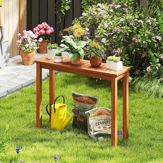 Plant Stand, Outdoor Wooden Planter Pot Holder with Teak Oil Finish & Slatted Top, Garden Planter Bench, Plant Display Rack for Porch, Backyard, Entryway