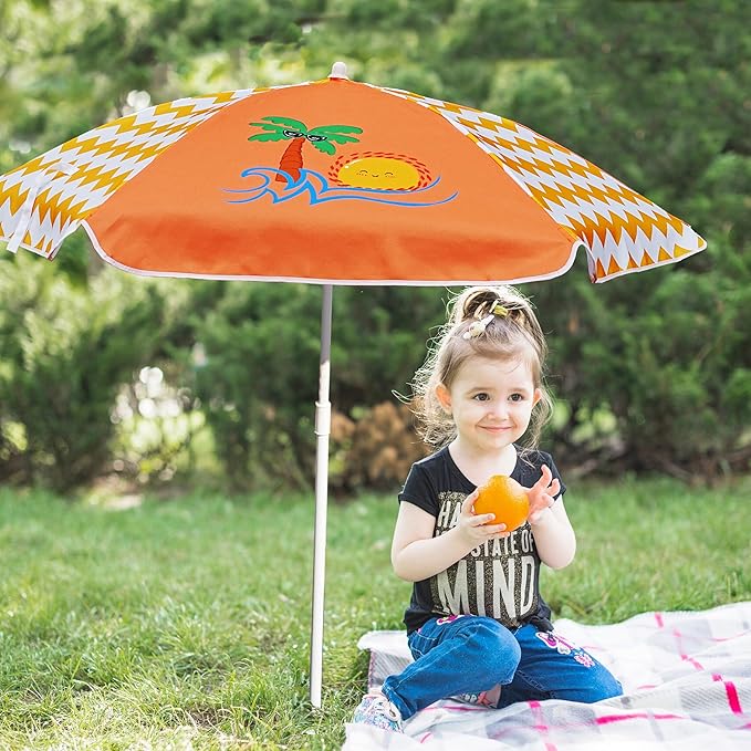AMMSUN 5ft Seaside Umbrella for Sand Box Water Table Picnic Table - Kids Durable Umbrellas for children Beach Camping Garden Outdoor Play Shade Orange Coconut Tree