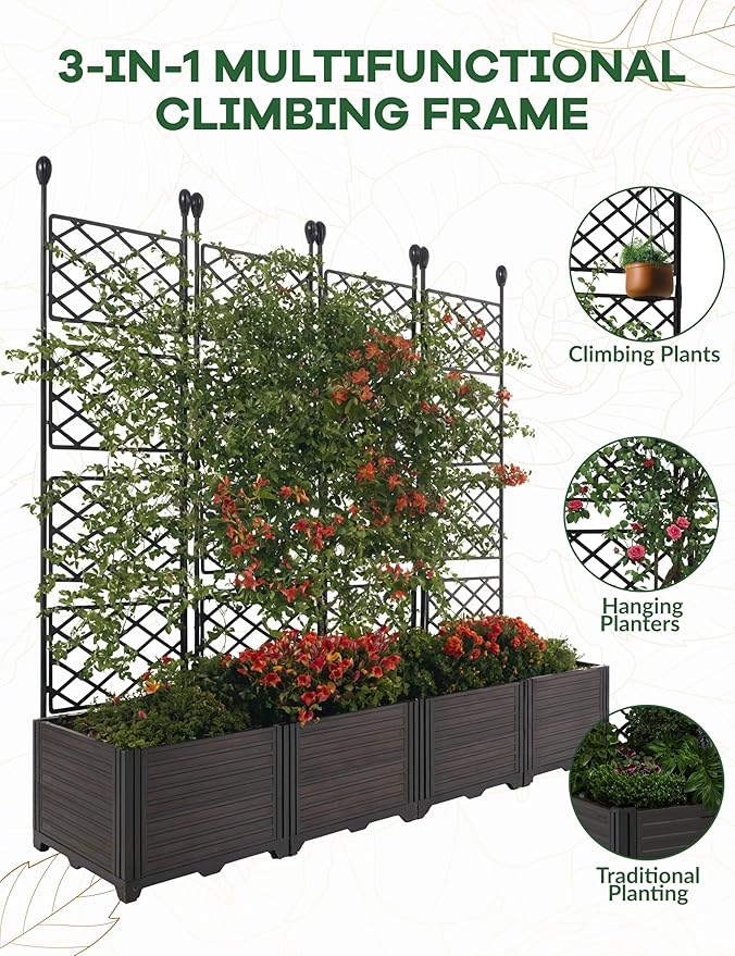 4 PCS Raised Garden Bed with Trellis, 66" w x 63" Tall Vertical Planter Box for Climbing Plants, Patio Privacy Screen & Balcony Garden, Sturdy Metal Frame, Lightweight