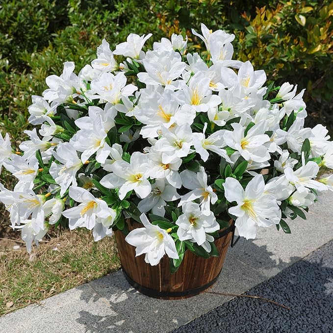 INSPRING Artificial Fake Spring Flowers for Outdoors Decoration, 3 Bundles Faux Azalea Plants Flower Look Real UV Resistant Silk Flowers for Outside Planters Patio Porch Garden Yard Window Home, White