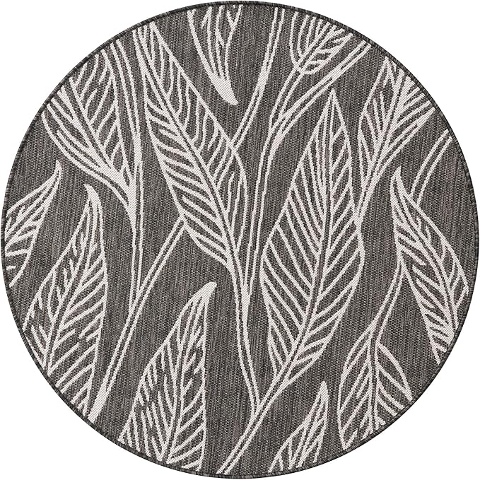 Unique Loom Outdoor Botanical Collection Area Rug - Leaf (4' 1" Round, Ivory Charcoal)
