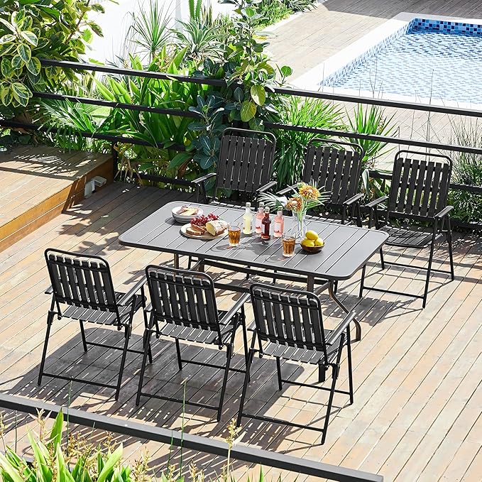 Yaheetech Folding Patio Chair Set of 8, Outdoor Dining Chair with Armrests, Plastic Patio Chair for Porch, Deck, Garden, Backyard, No Assembly Black