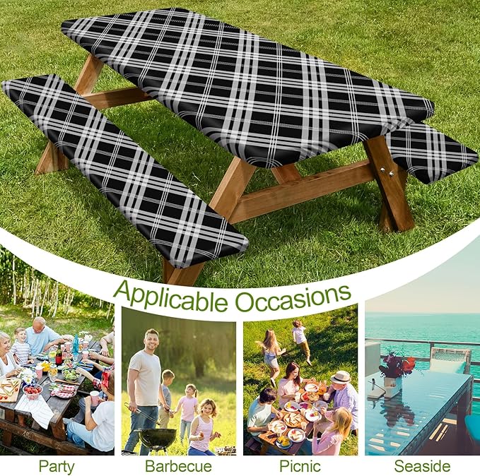 Picnic Table Cover with Bench Covers 6FT 3 Pcs Waterproof Windproof Aesthetic Camping Tablecloth with Drawstring Bag, Fitted for 6 Foot Rectangle Tables and Seats, 72 inch, Black Grey Checkered