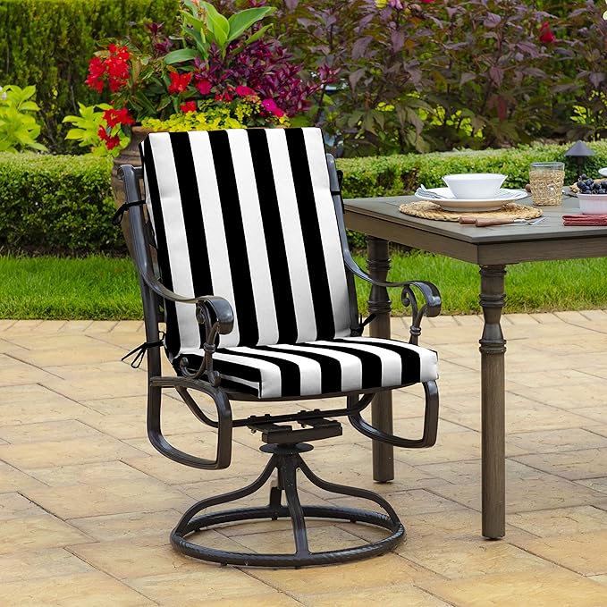 Arden Outdoor Patio Dining Chair Cushion, 20x44, Rain-Proof Seat Pad, Fade-Resistant Outdoor Cushion Black Cabana Stripe