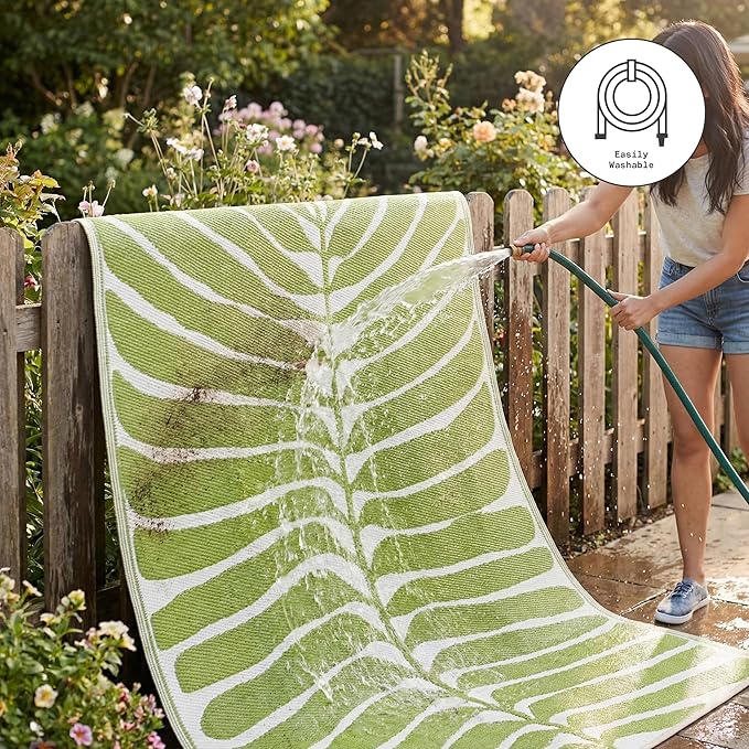 Fab Habitat Outdoor Rug - Waterproof, Fade Resistant, Crease-Free - Premium Recycled Plastic - Tropical Leaf Botanical - Large Patio, Deck, Sunroom, Camping, RV - Hilo - Green - 6 x 9 ft