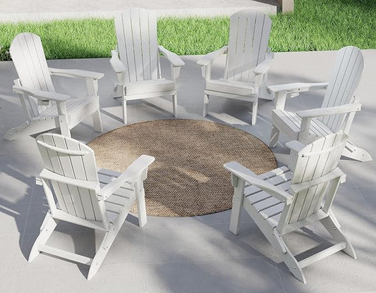 Plawdlik Folding Adirondack Chair Set of 6 with Cup Holder,Wooden Textured,Heavy All-Weather HDPE Comfortable Set Poolside Backyard Lawn,White