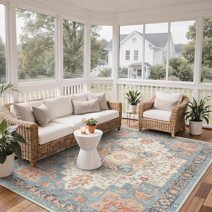GENIMO Outdoor & Indoor Area Rug 8'x10', Waterproof, Non-Shedding, Easy Cleaning, Boho Mat for Patio, Living Room, Balcony, Dining Room, RV, Deck, Bedroom, Camping, Outside Carpet,Blue Salmon