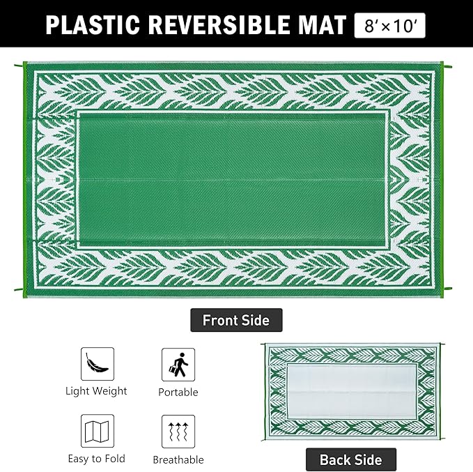 HUGEAR 8x10 Patio Waterproof Outdoor Rug Outrside Camping Carpet RV Area Rug Reversible Green Rugs for Deck Entryance Porch Picnic Balcony Beach