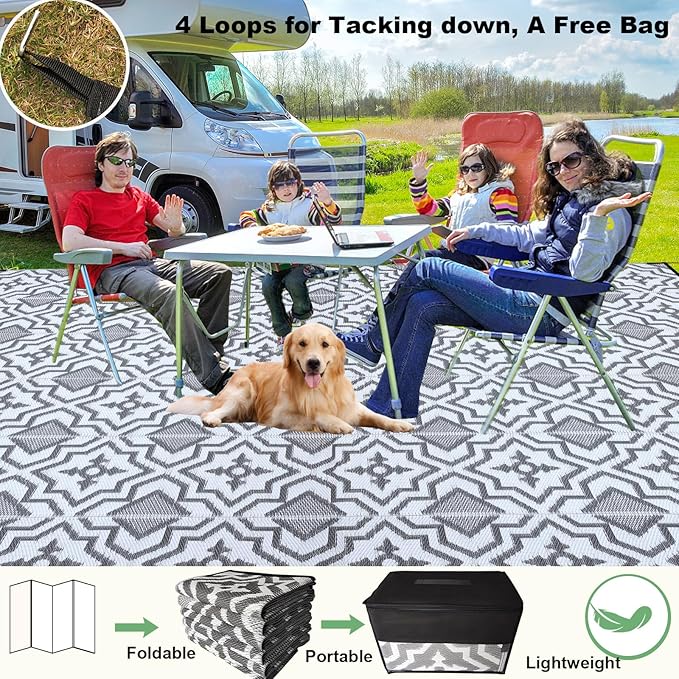 Outdoor Rug Waterproof 9x12 Camping Rug Outdoor Carpet for Patio,Outdside Rug,Plastic Straw Mat, Rv Camping Essentials,Outdoor Mat Decor Deals for Patio,Camping,Deck,Balcony,Porch
