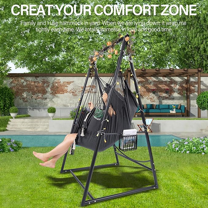 Hammock Chair Hanging Rope Swing & Stand Set with Two Holders, Heavy Duty Hanging Stand with Three Hooks, Multi-Use for Indoor Outdoor Patio Yard Garden(Black & Black)
