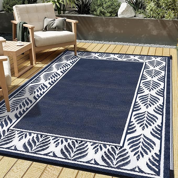 HUGEAR Outdoor Plastic Straw Rug, Waterproof Mat, Washable Large Floor Mat and Rug for Outdoors, RV, Beach, Patio, Camping, Backyard, Deck, Picnic, Outside (5x8ft,Olive-Leaf/Dark Blue&White)
